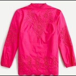 Mockneck cotton poplin top with embroidered eyelet